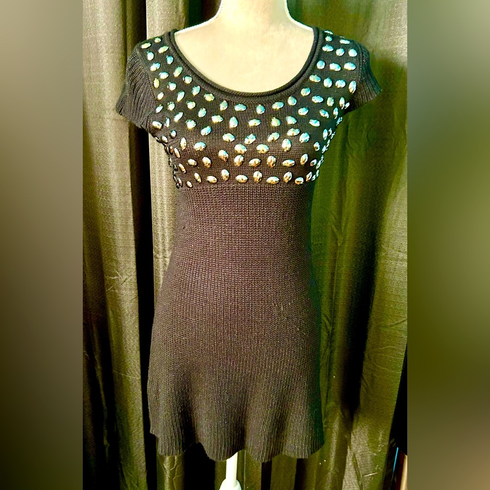 Dolce & Gabbana Black Cap-Sleeve Knit Sweater Dress w/ Silver Beading, Size XS